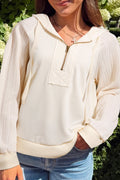 Beige Solid Color Textured Sleeve Patchwork Half Zip Hoodie - Crowned Energy CO.