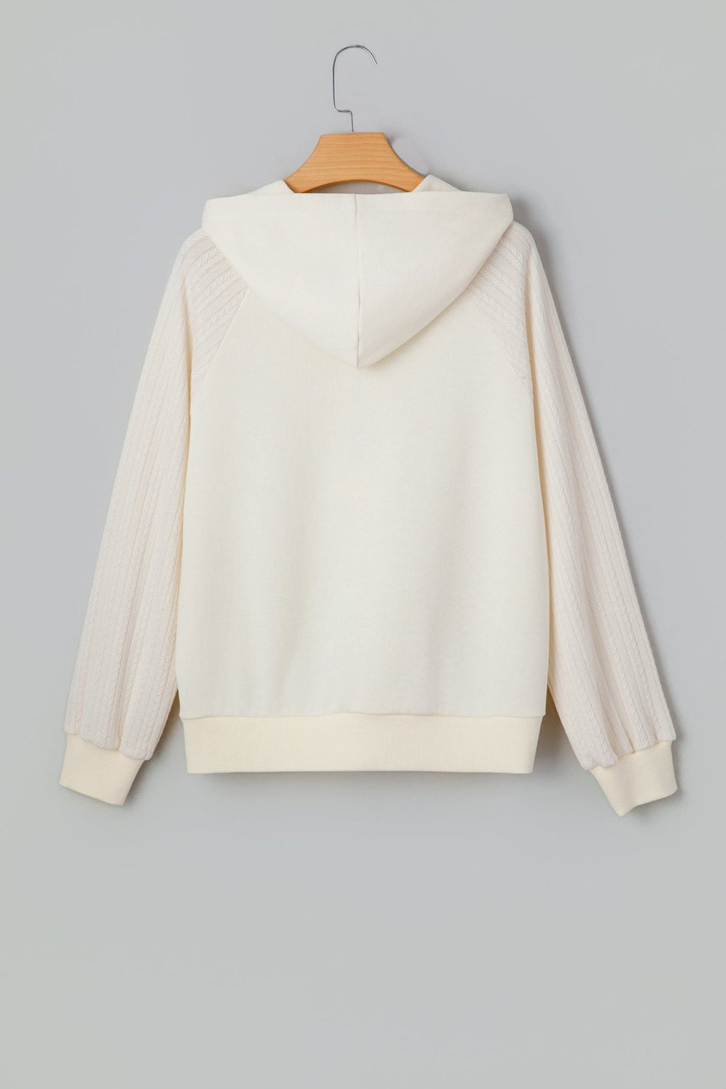 Beige Solid Color Textured Sleeve Patchwork Half Zip Hoodie - Crowned Energy CO.