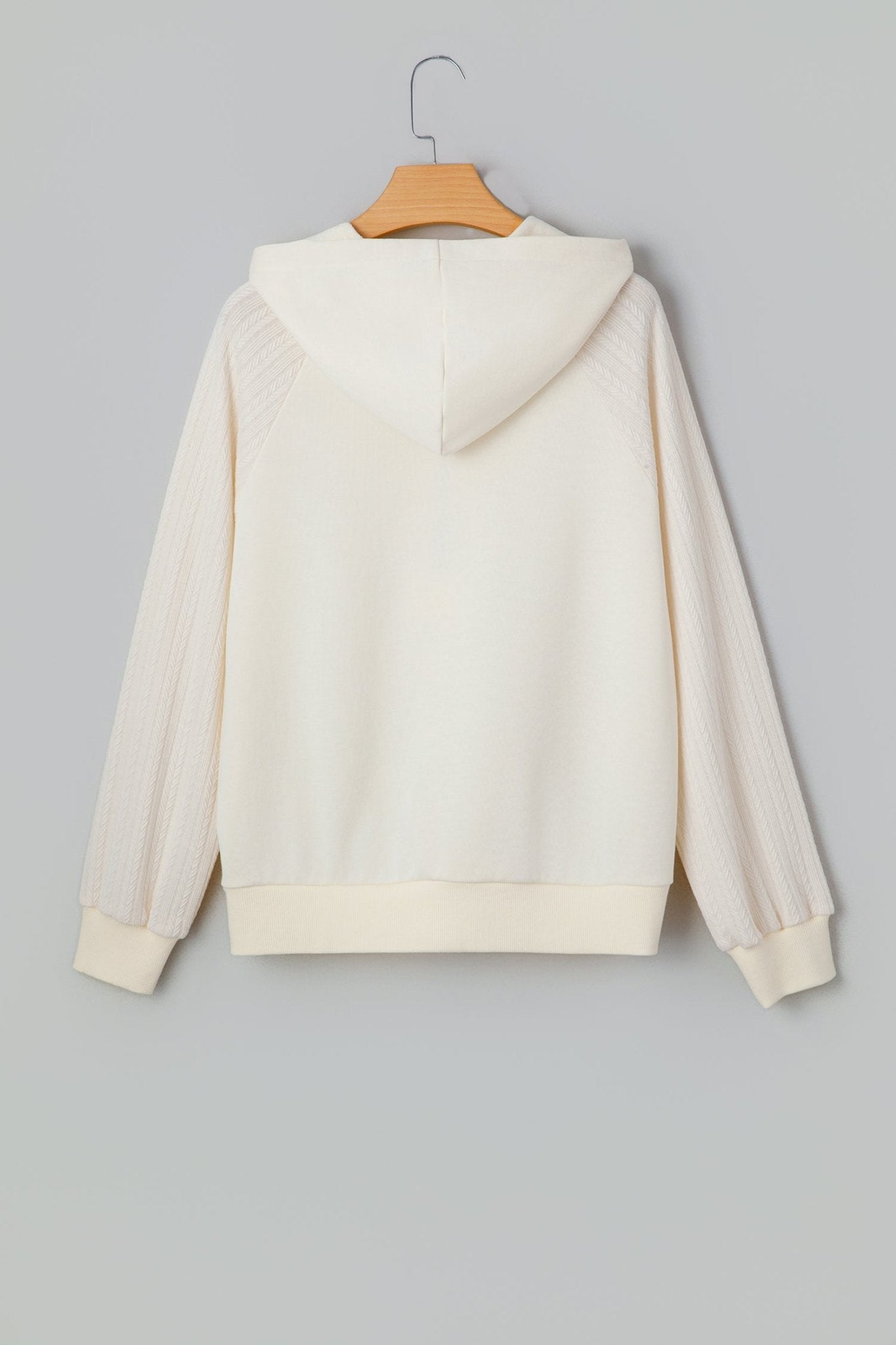 Beige Solid Color Textured Sleeve Patchwork Half Zip Hoodie - Crowned Energy CO.