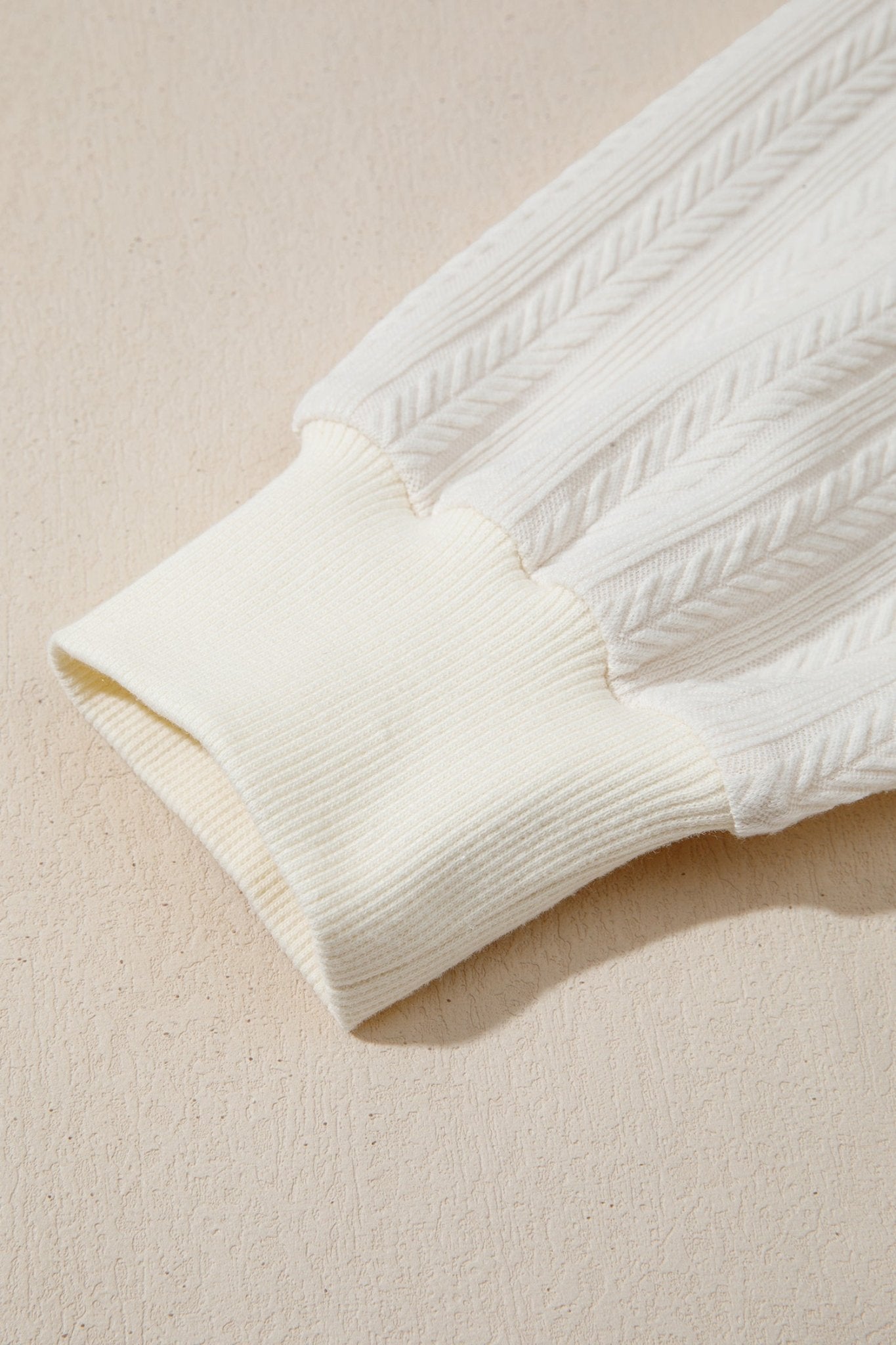 Beige Solid Color Textured Sleeve Patchwork Half Zip Hoodie - Crowned Energy CO.