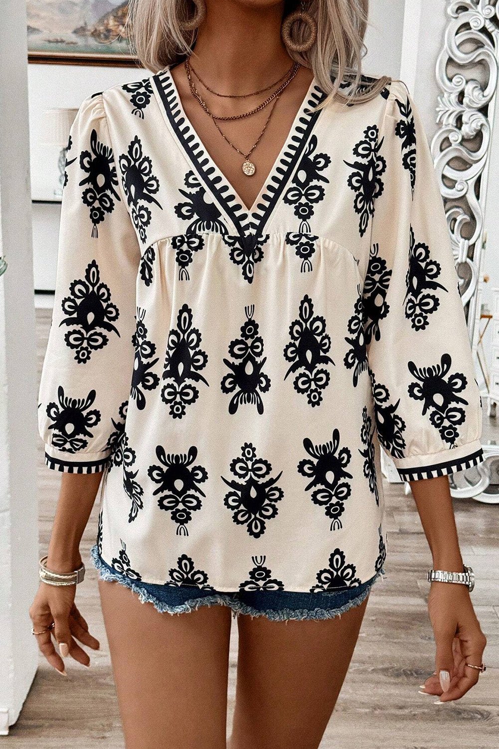 Beige Vintage Geometric Printed 3/4 Sleeve V Neck Blouse - Crowned Energy CO.