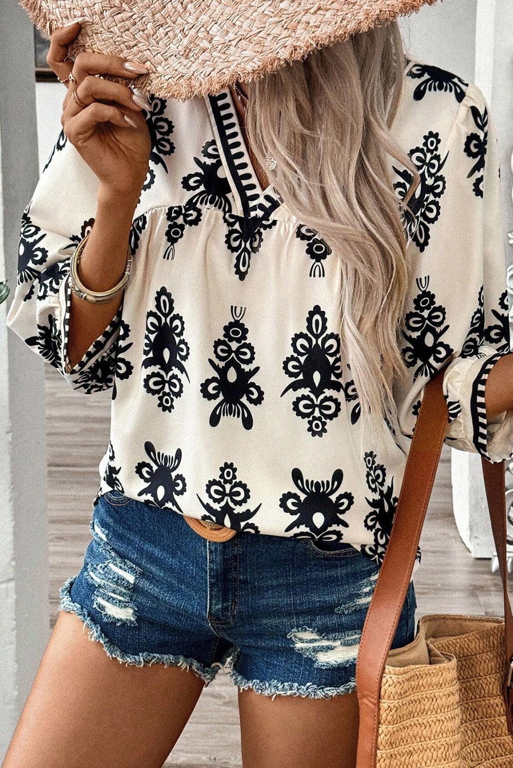 Beige Vintage Geometric Printed 3/4 Sleeve V Neck Blouse - Crowned Energy CO.
