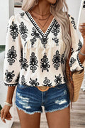 Beige Vintage Geometric Printed 3/4 Sleeve V Neck Blouse - Crowned Energy CO.