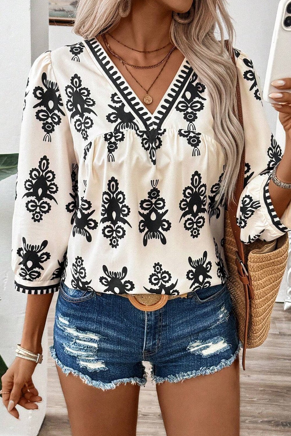 Beige Vintage Geometric Printed 3/4 Sleeve V Neck Blouse - Crowned Energy CO.