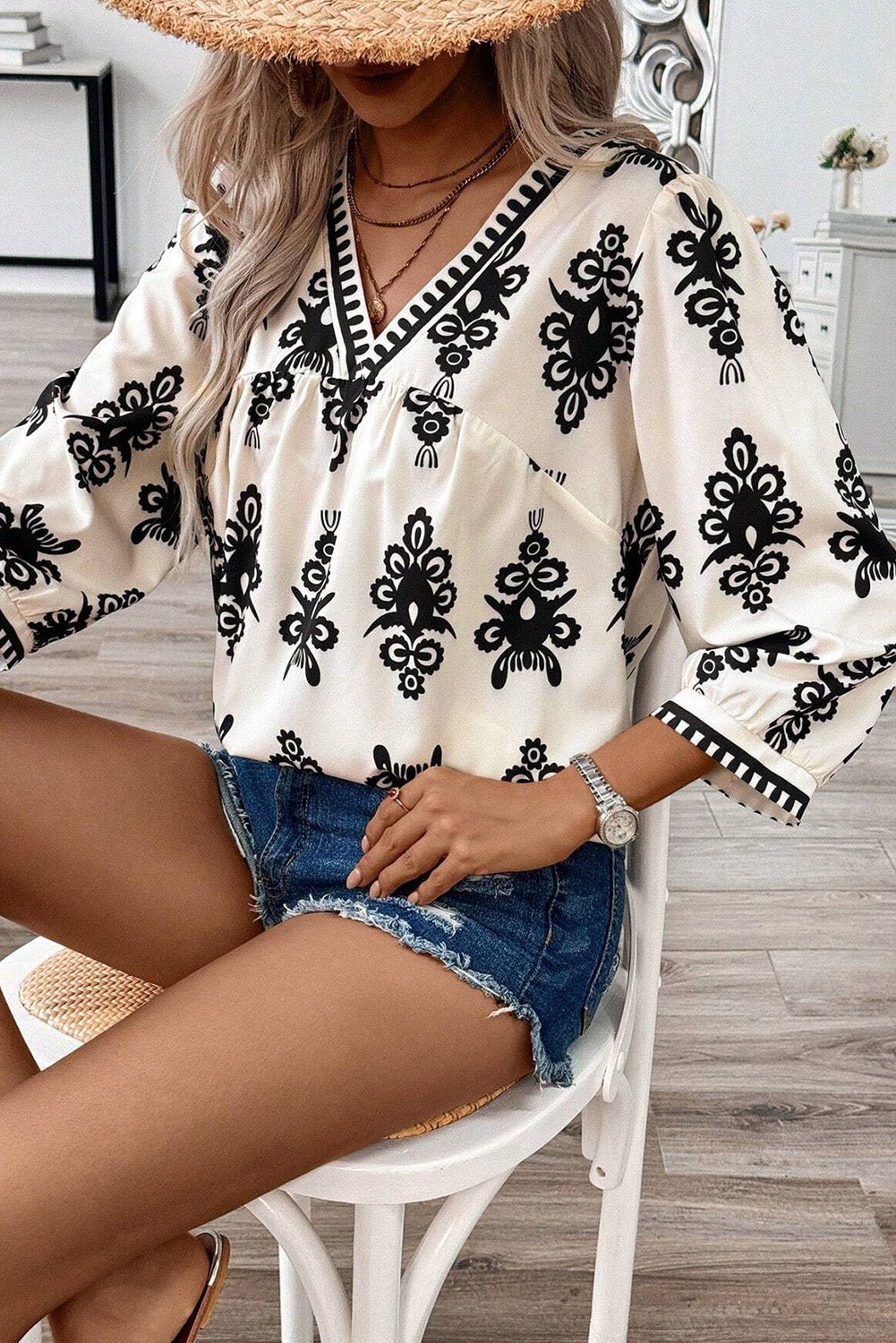 Beige Vintage Geometric Printed 3/4 Sleeve V Neck Blouse - Crowned Energy CO.