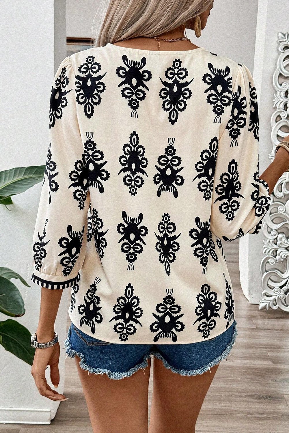 Beige Vintage Geometric Printed 3/4 Sleeve V Neck Blouse - Crowned Energy CO.