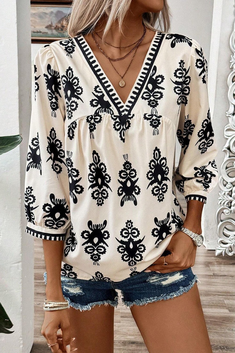Beige Vintage Geometric Printed 3/4 Sleeve V Neck Blouse - Crowned Energy CO.