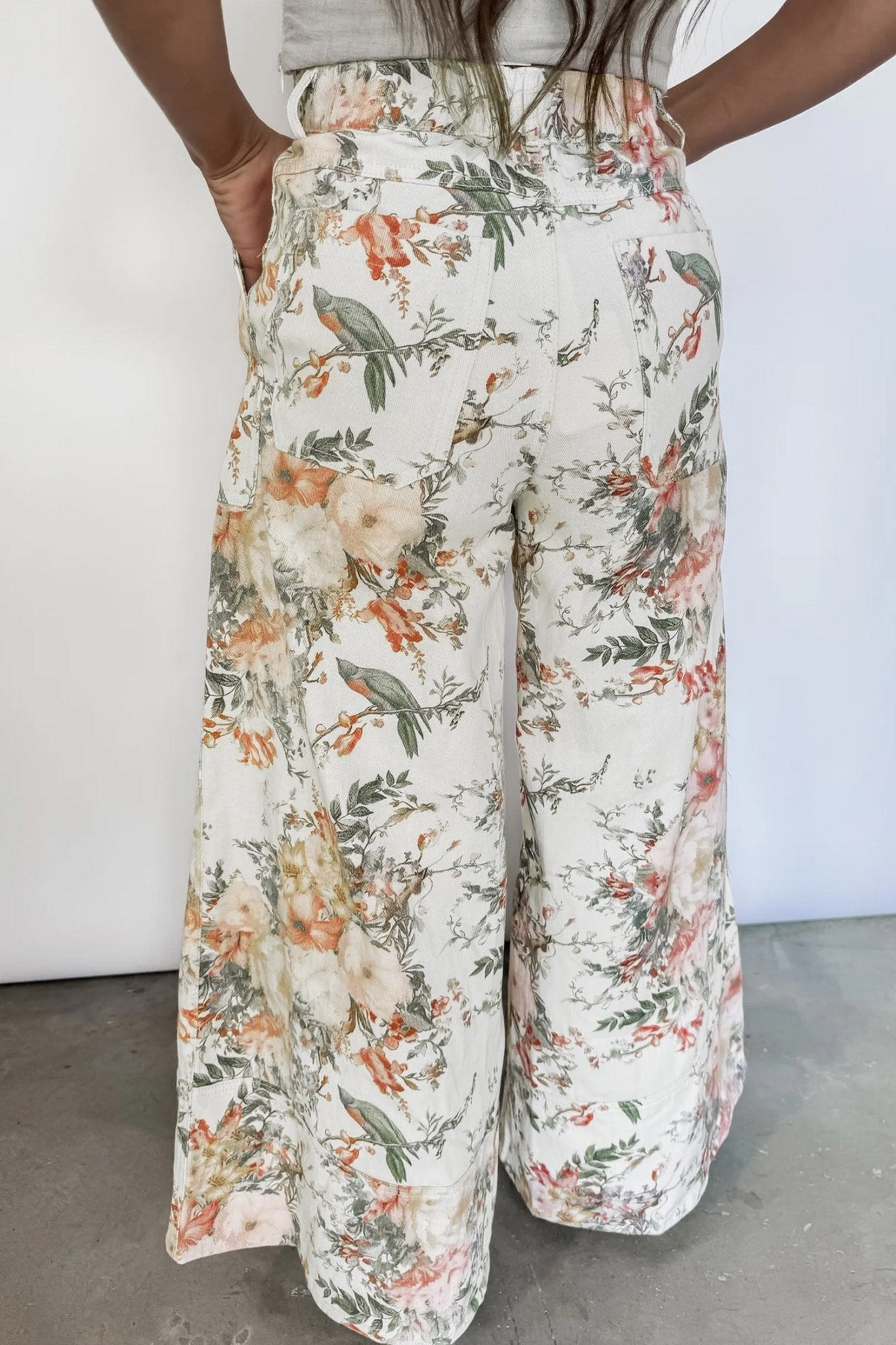 Beige Vintage Style Floral Print High Waist Wide Leg Jeans - Crowned Energy CO.