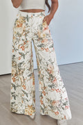 Beige Vintage Style Floral Print High Waist Wide Leg Jeans - Crowned Energy CO.
