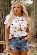 Crowned Energy CO. Beige / S / 95%Polyester+5%Elastane Dear-Lover Dropshipping Tops/Tops & Tees Beige Western Cactus Print Crew Neck Short Sleeve Top