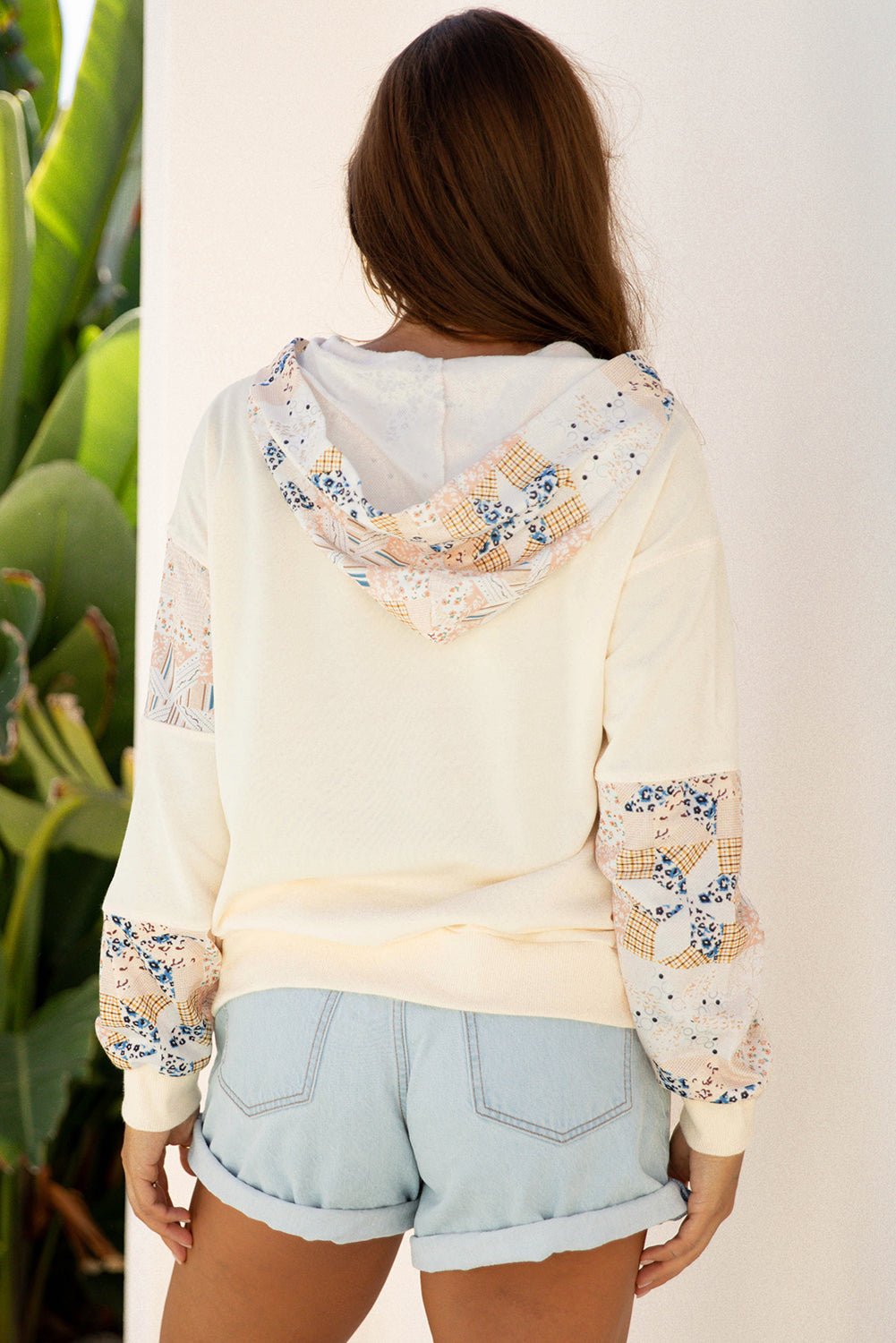 Beige Western Geo Pattern Patchwork Hoodie with Kangaroo Pocket - Crowned Energy CO.