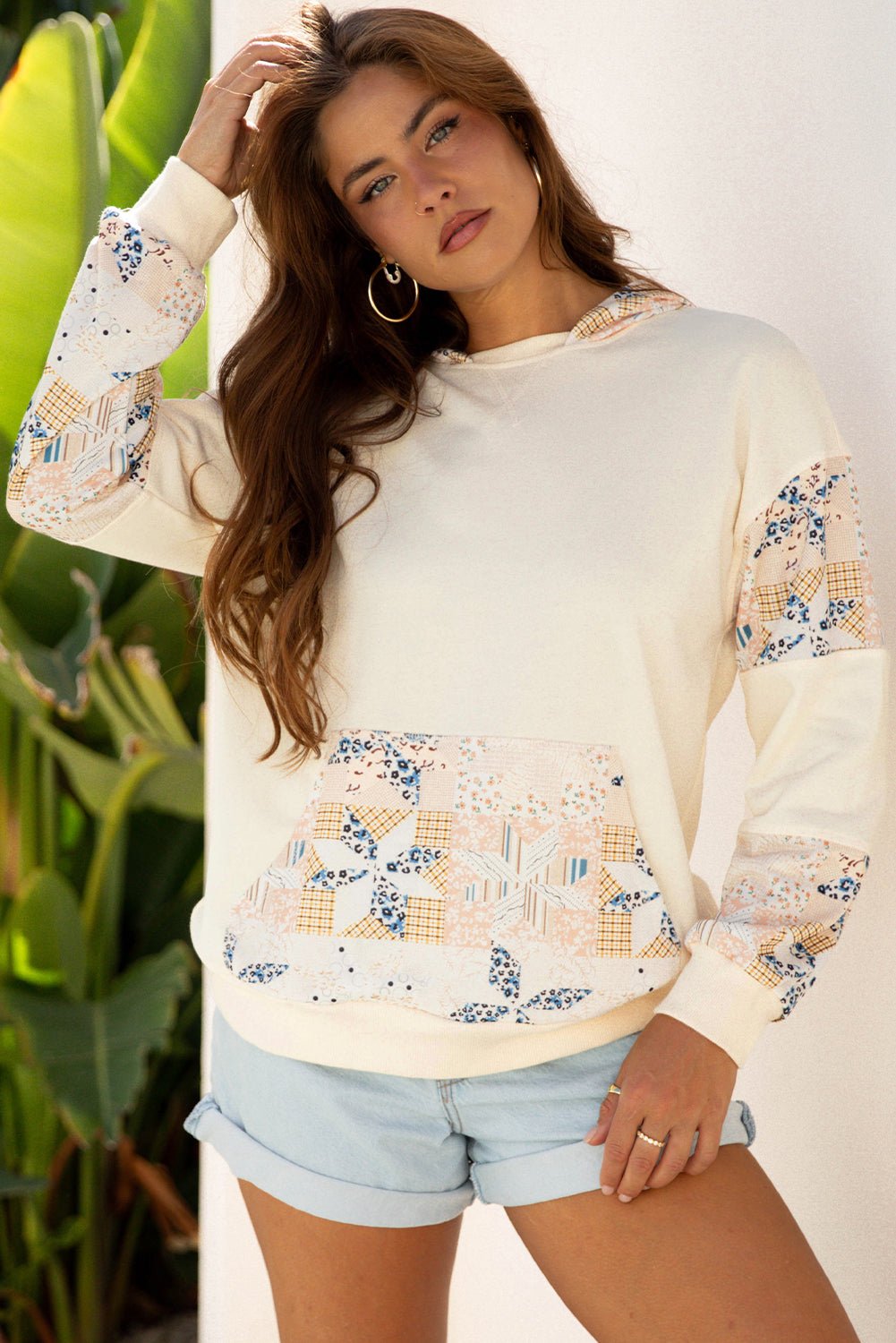 Beige Western Geo Pattern Patchwork Hoodie with Kangaroo Pocket - Crowned Energy CO.