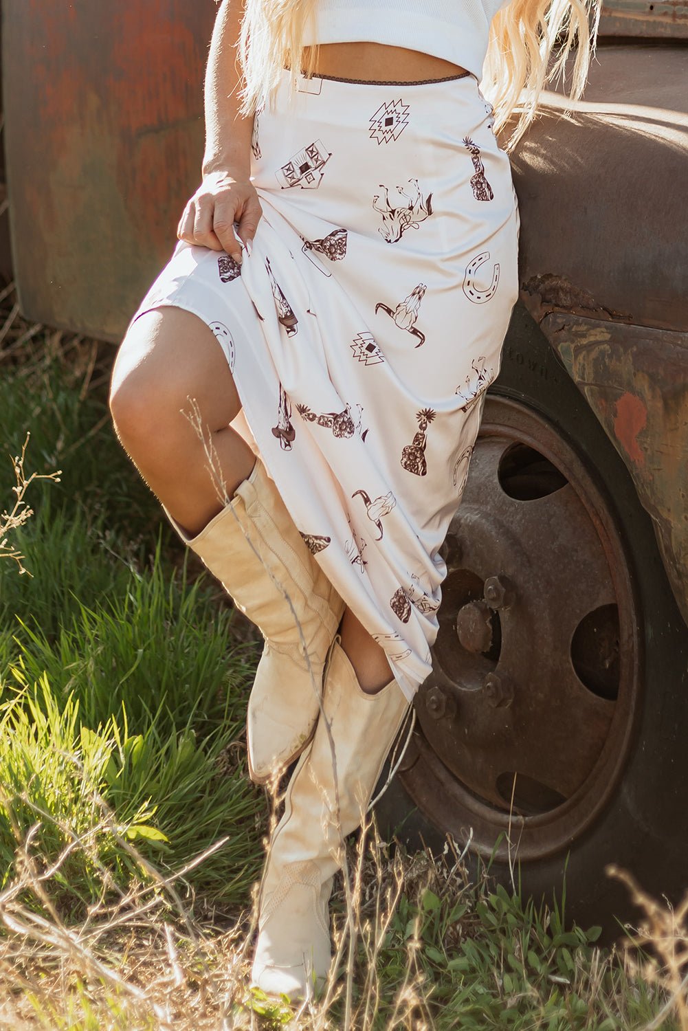 Beige Western Print Satin Long Skirt - Crowned Energy CO.