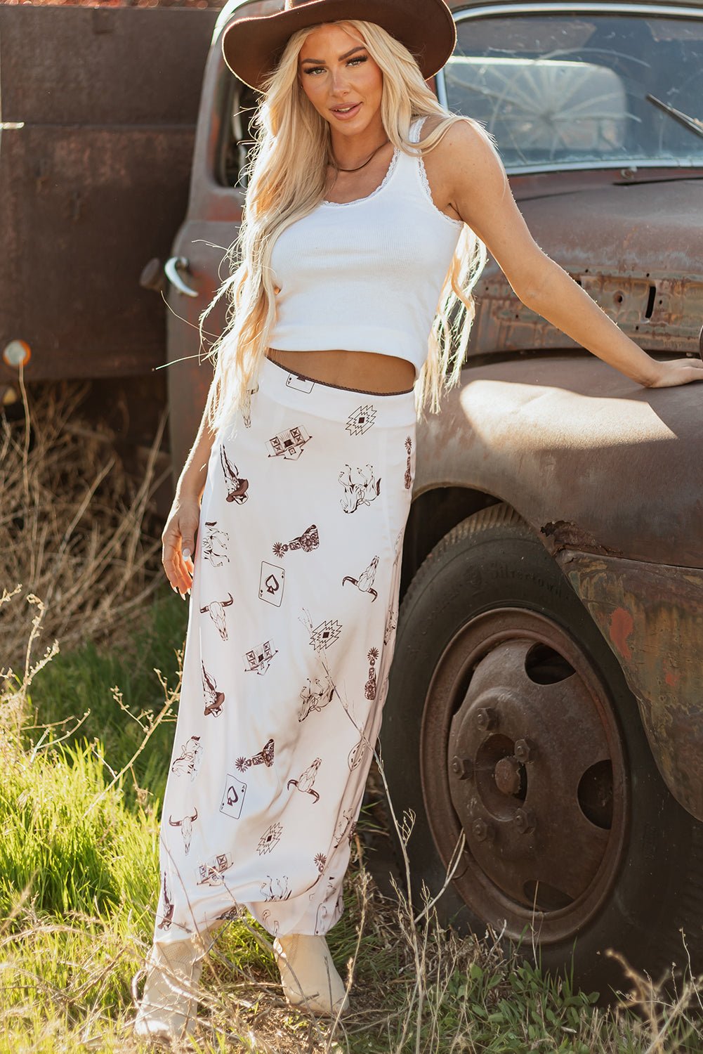 Beige Western Print Satin Long Skirt - Crowned Energy CO.