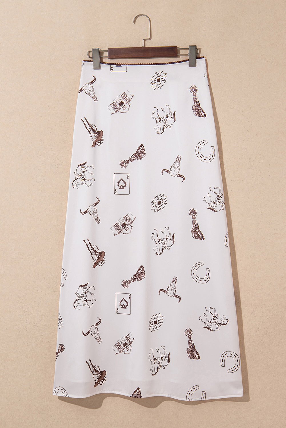 Beige Western Print Satin Long Skirt - Crowned Energy CO.