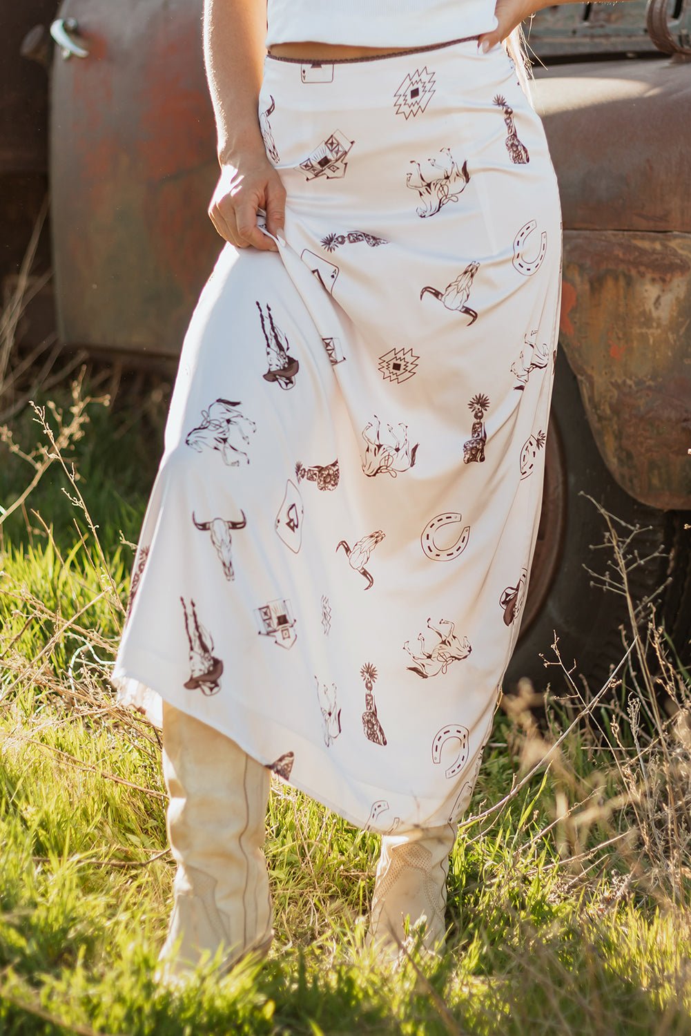 Beige Western Print Satin Long Skirt - Crowned Energy CO.