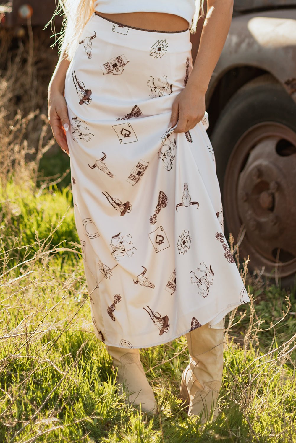 Beige Western Print Satin Long Skirt - Crowned Energy CO.