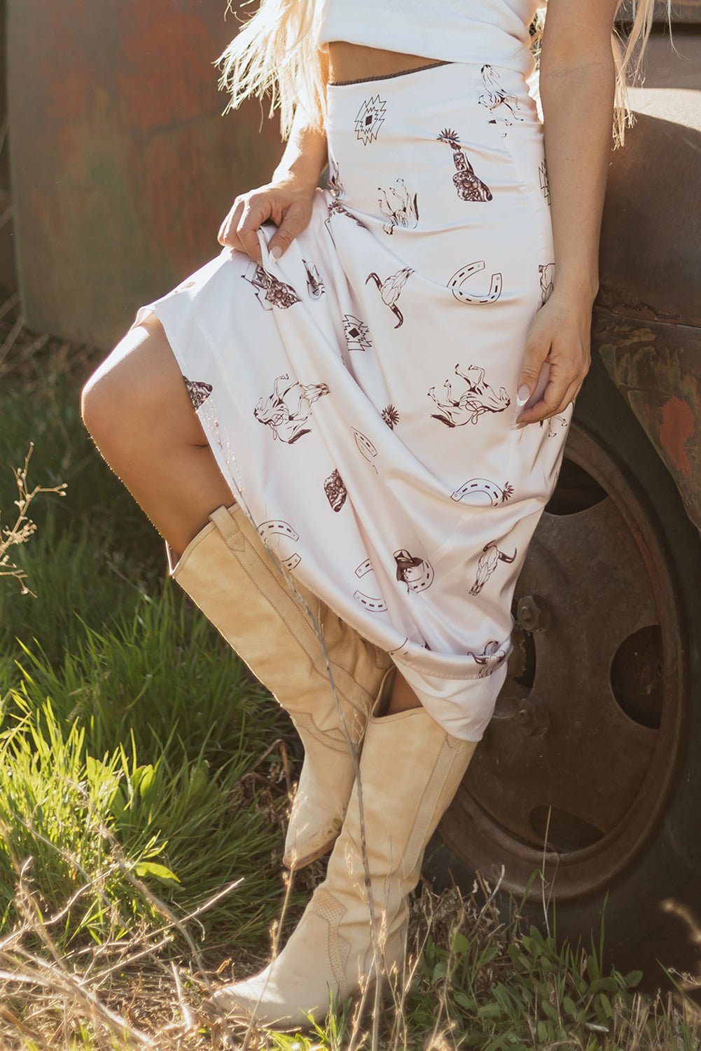 Beige Western Print Satin Long Skirt - Crowned Energy CO.