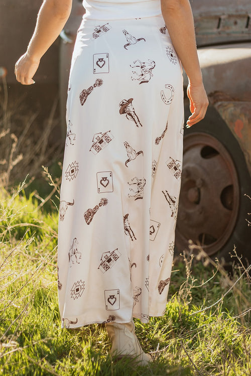 Beige Western Print Satin Long Skirt - Crowned Energy CO.