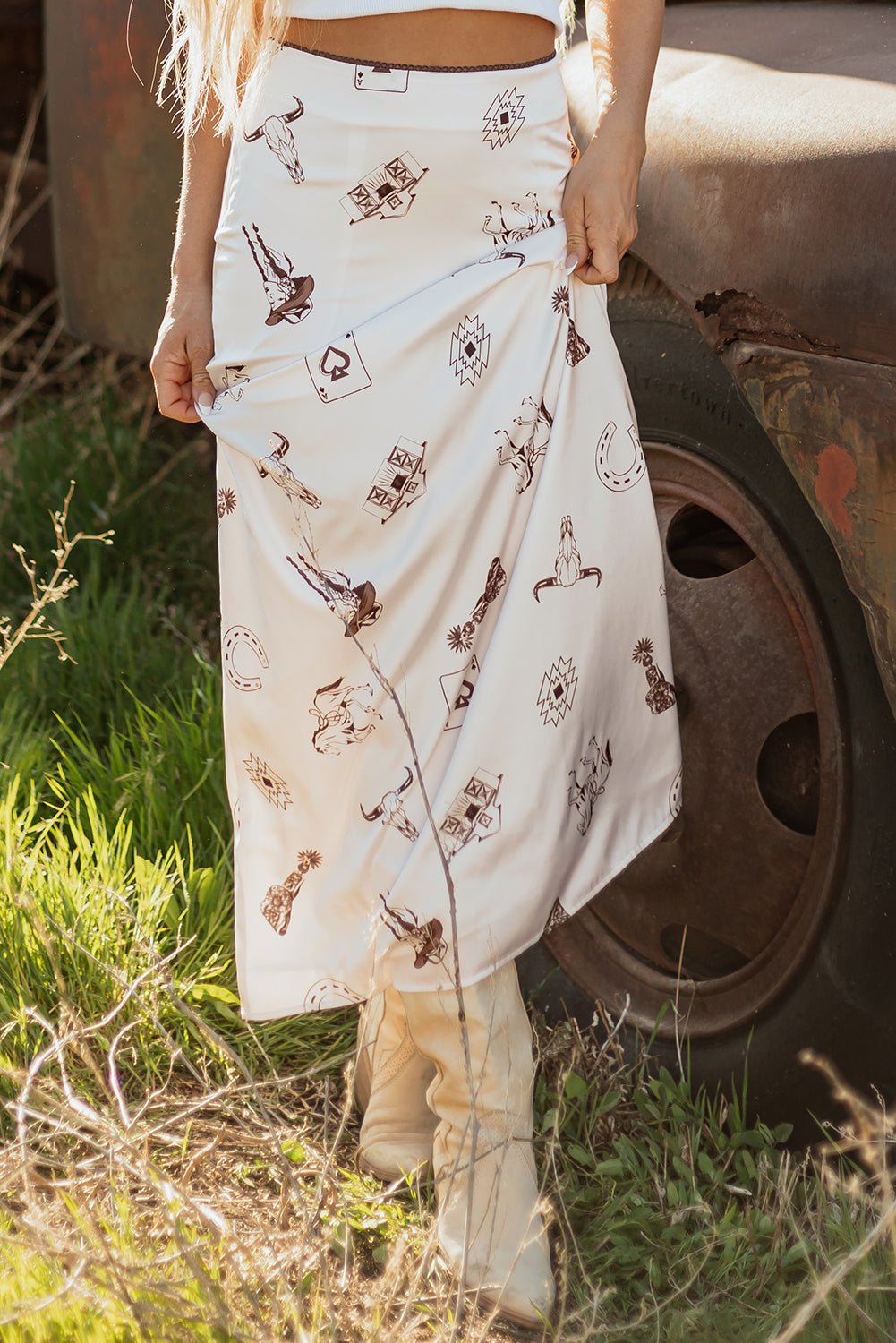 Beige Western Print Satin Long Skirt - Crowned Energy CO.