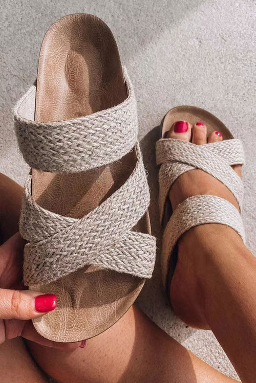 Crowned Energy CO. Beige / 37 Dear-Lover Dropshipping Shoes & Bags/Slippers Beige Woven Cross Criss Hollowed Slip-On Slippers