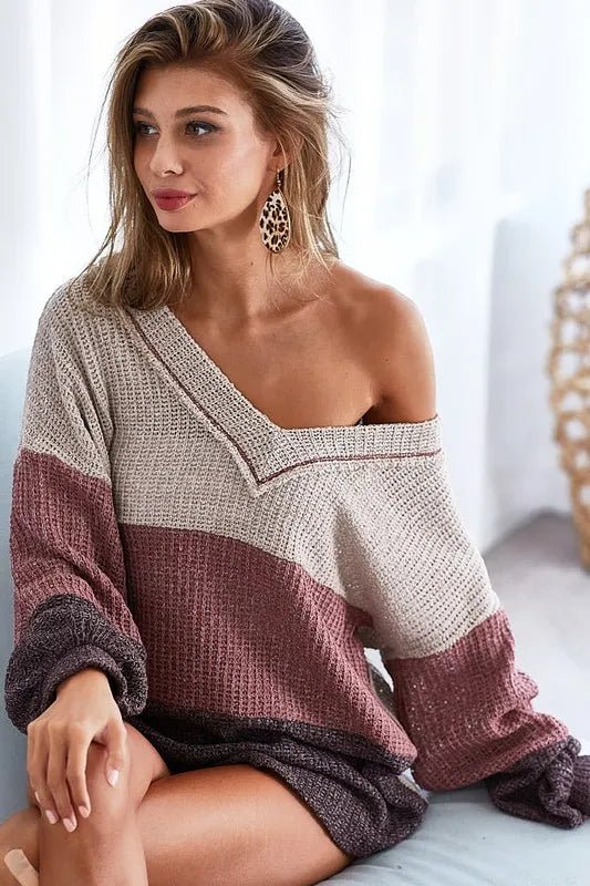 BiBi Color Block Out Stitching V - Neck Knit Top - Crowned Energy CO.