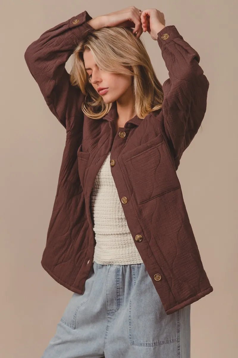 Crowned Energy CO. MOCHA / S Trendsi Jackets BiBi Quilted Wrinkle Gauze Long Sleeve Shacket