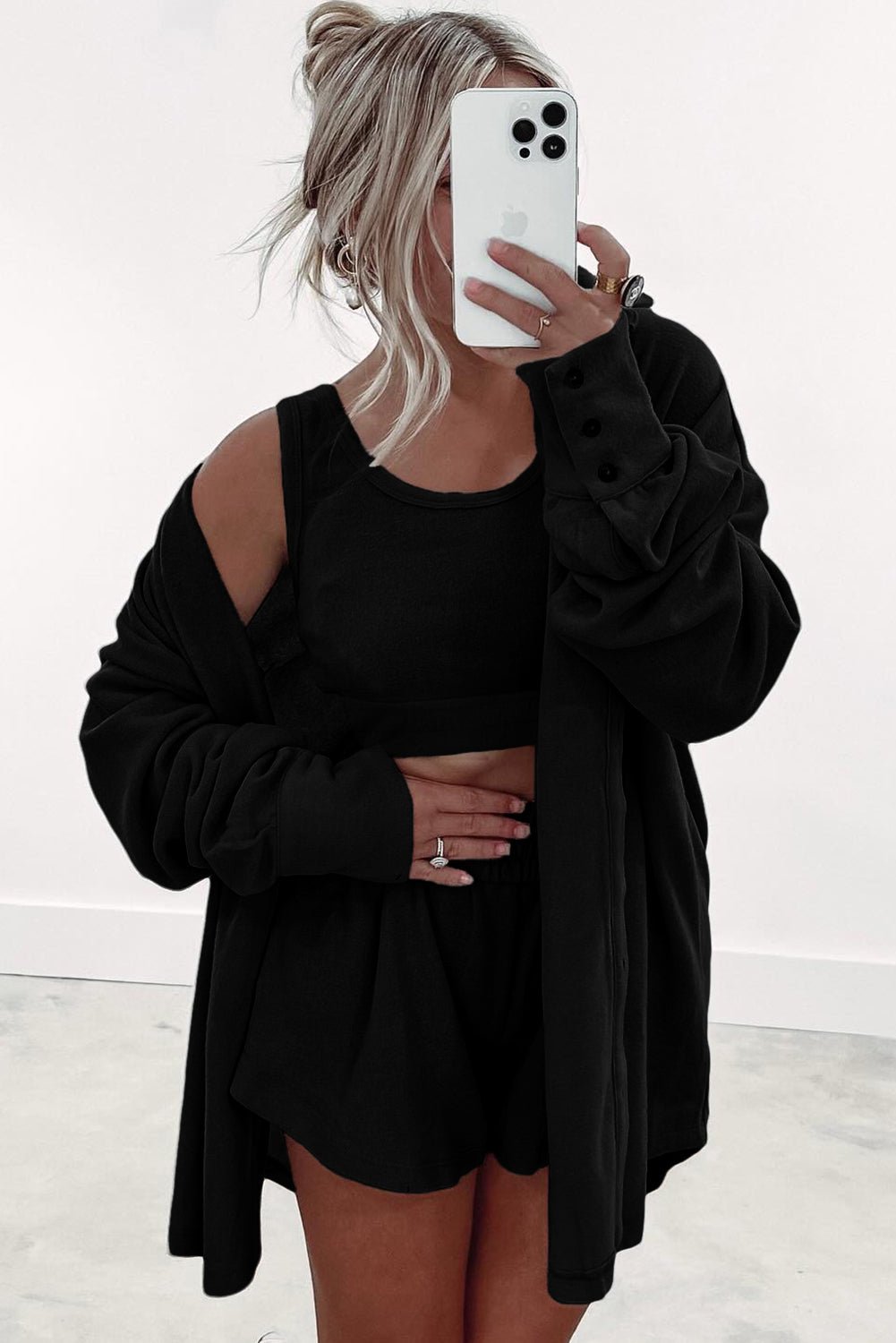 Crowned Energy CO. Black / S / 75%Polyester+20%Viscose+5%Elastane Dear-Lover Dropshipping Loungewear & Sleepwear/Loungewear Black 3 Pcs Crop Tank Top Shorts with Cardigan Lounge Set