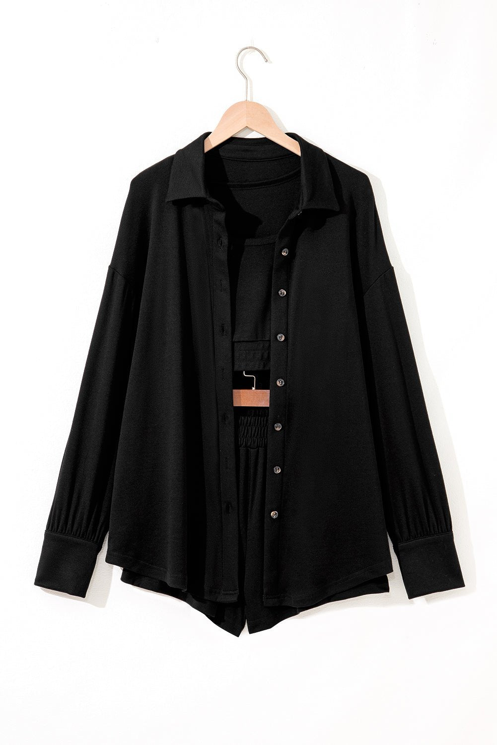 Crowned Energy CO. Black / S / 75%Polyester+20%Viscose+5%Elastane Dear-Lover Dropshipping Loungewear & Sleepwear/Loungewear Black 3 Pcs Crop Tank Top Shorts with Cardigan Lounge Set