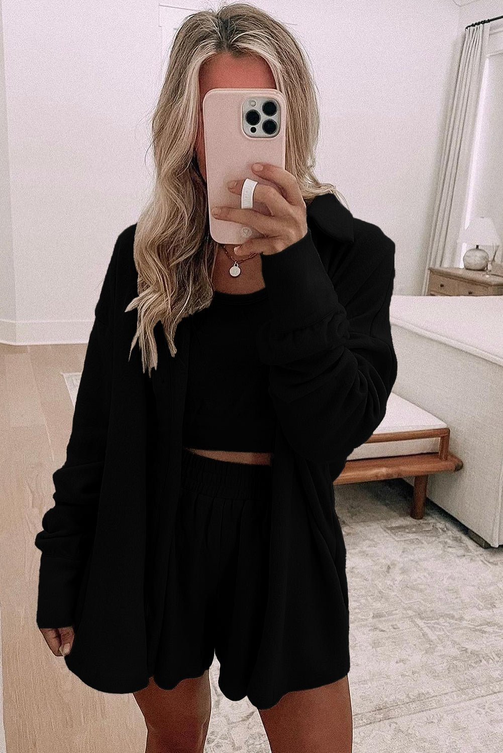 Crowned Energy CO. Black / S / 75%Polyester+20%Viscose+5%Elastane Dear-Lover Dropshipping Loungewear & Sleepwear/Loungewear Black 3 Pcs Crop Tank Top Shorts with Cardigan Lounge Set