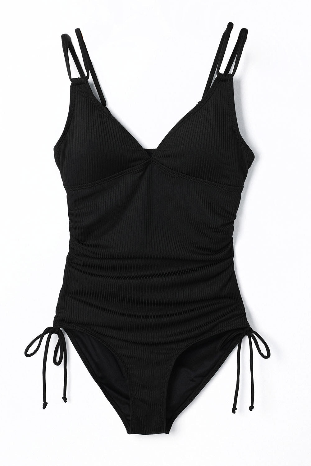 Black Adjustable Straps Ribbed Knit One Piece Swimsuit - Crowned Energy CO.