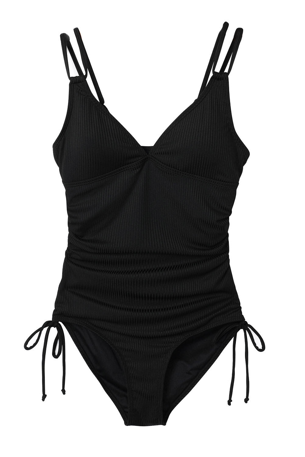 Black Adjustable Straps Ribbed Knit One Piece Swimsuit - Crowned Energy CO.