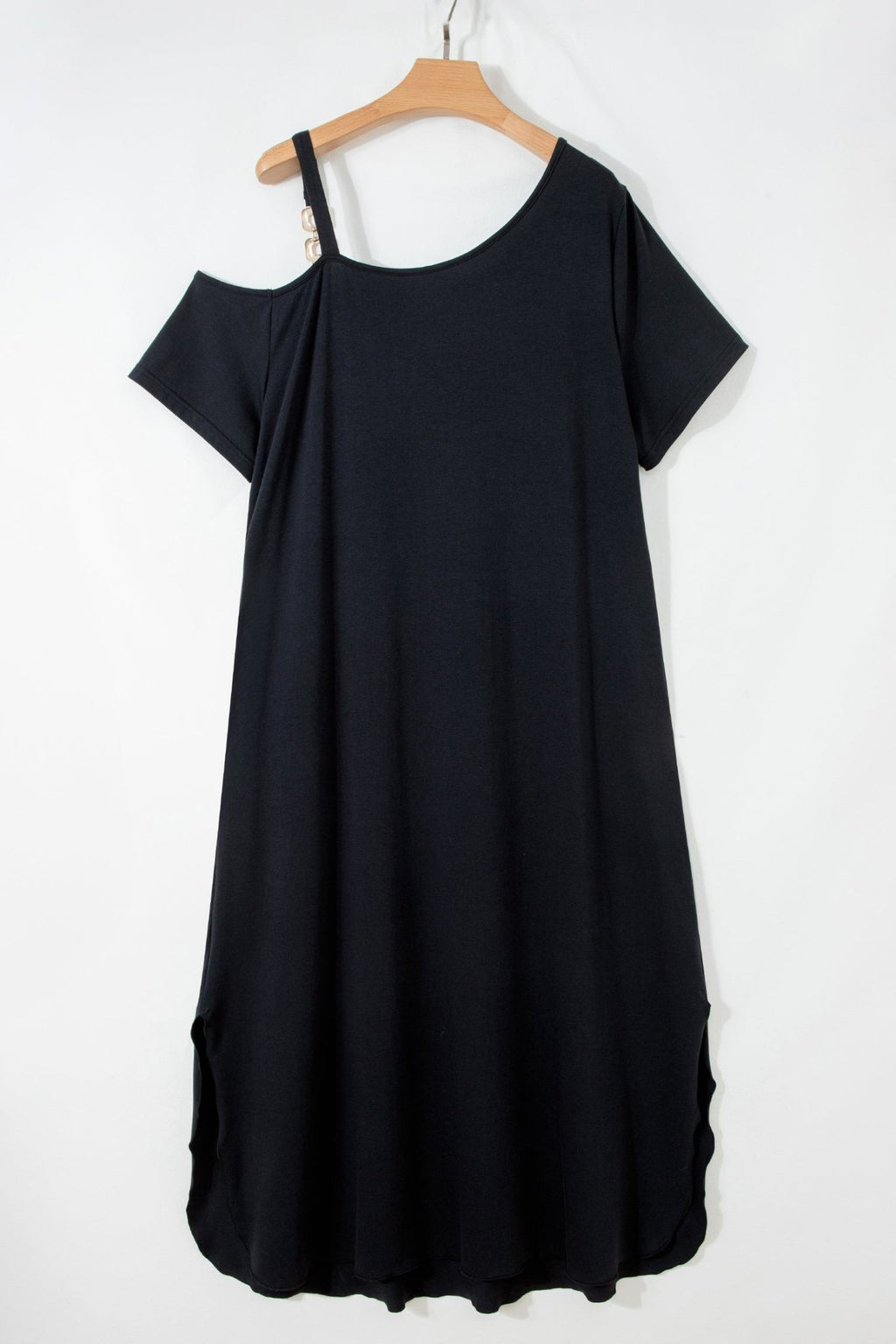 Black Asymmetric Shoulder Detail Short Sleeve Plus Size Maxi Dress - Crowned Energy CO.