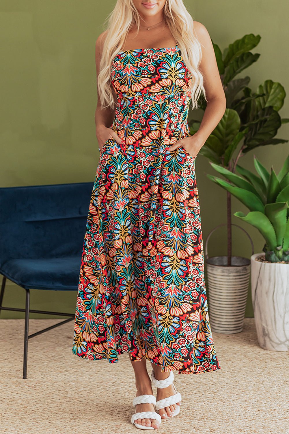 Black Boho Floral Print Thin Straps Sleeveless High Waist Maxi Dress - Crowned Energy CO.