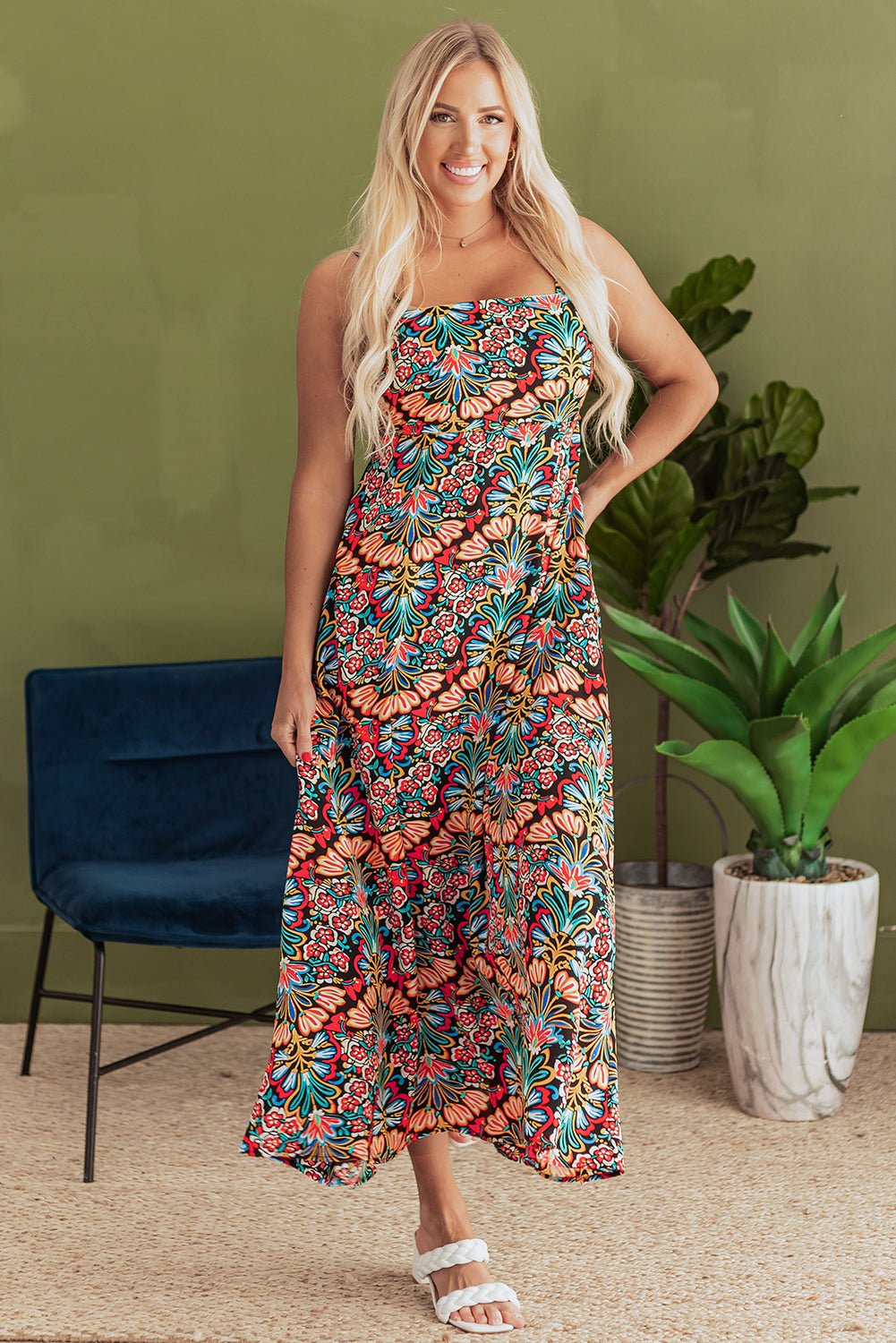 Black Boho Floral Print Thin Straps Sleeveless High Waist Maxi Dress - Crowned Energy CO.