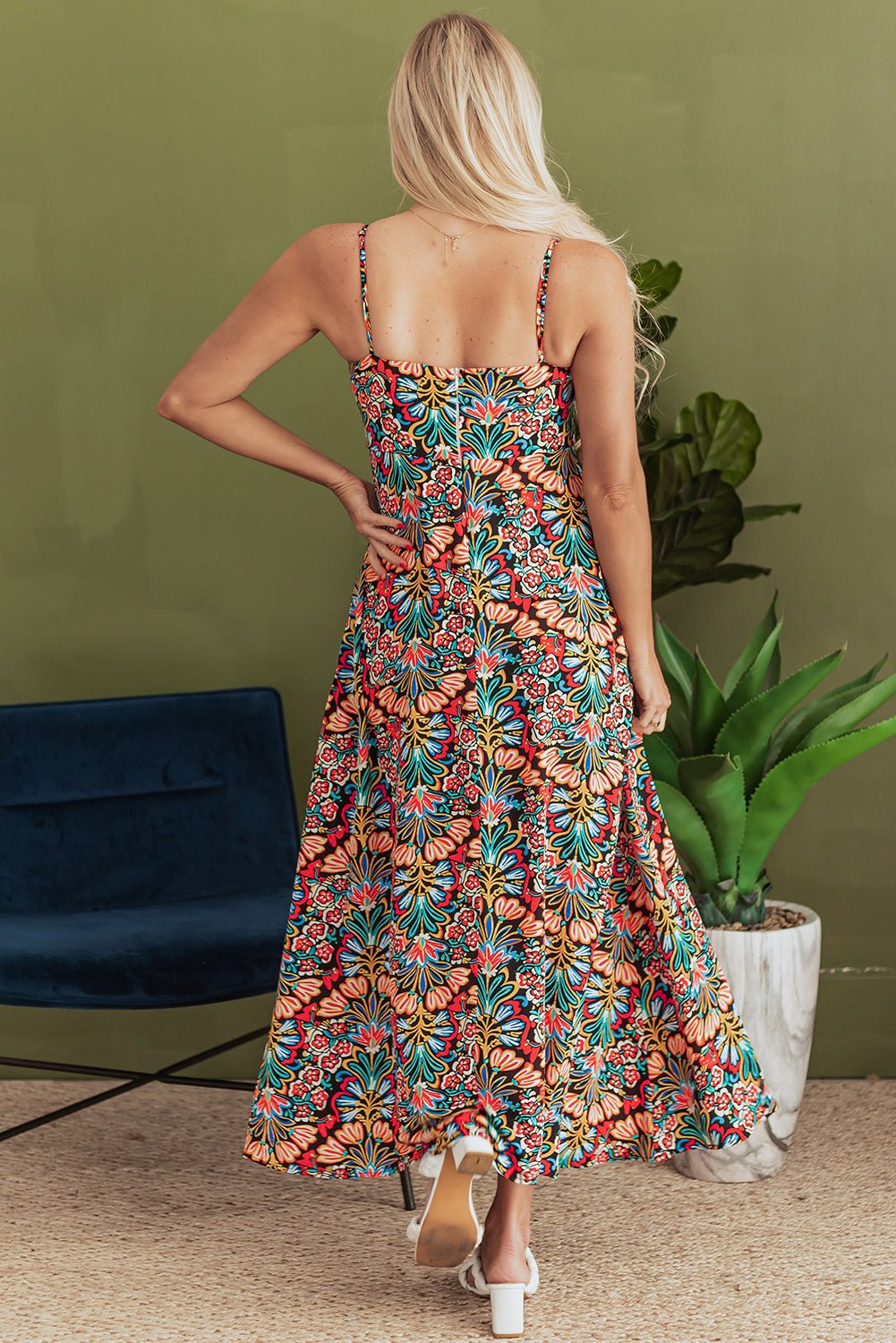 Black Boho Floral Print Thin Straps Sleeveless High Waist Maxi Dress - Crowned Energy CO.