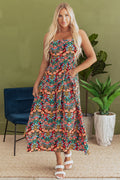Black Boho Floral Print Thin Straps Sleeveless High Waist Maxi Dress - Crowned Energy CO.