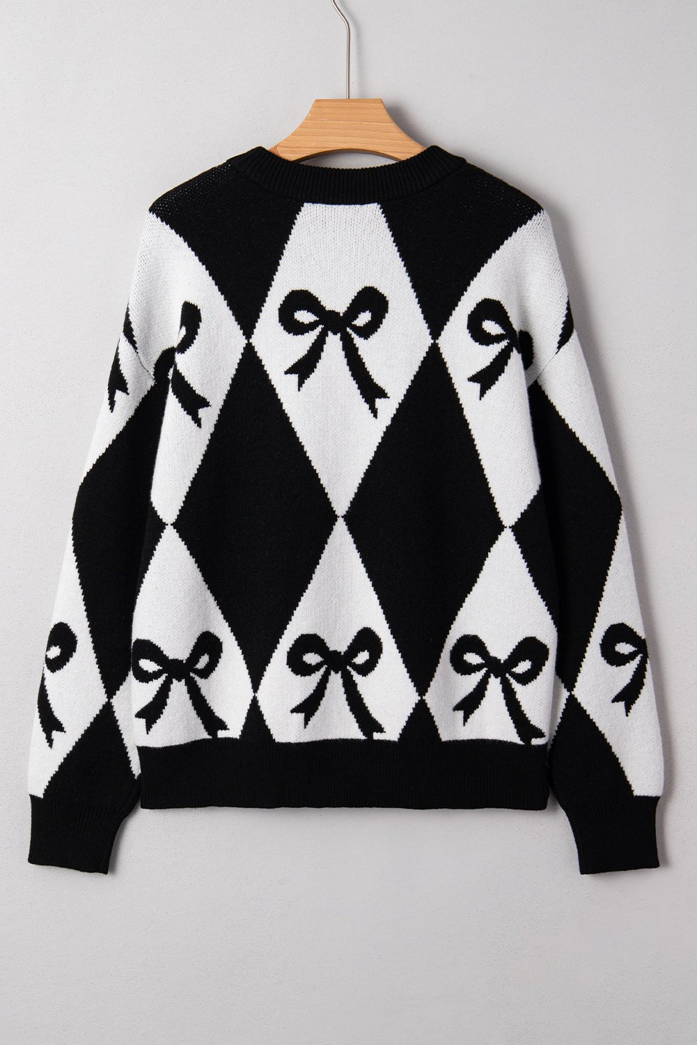 Black Bow Print 2 - tone Rhombus Knit Loose Sweater - Crowned Energy CO.