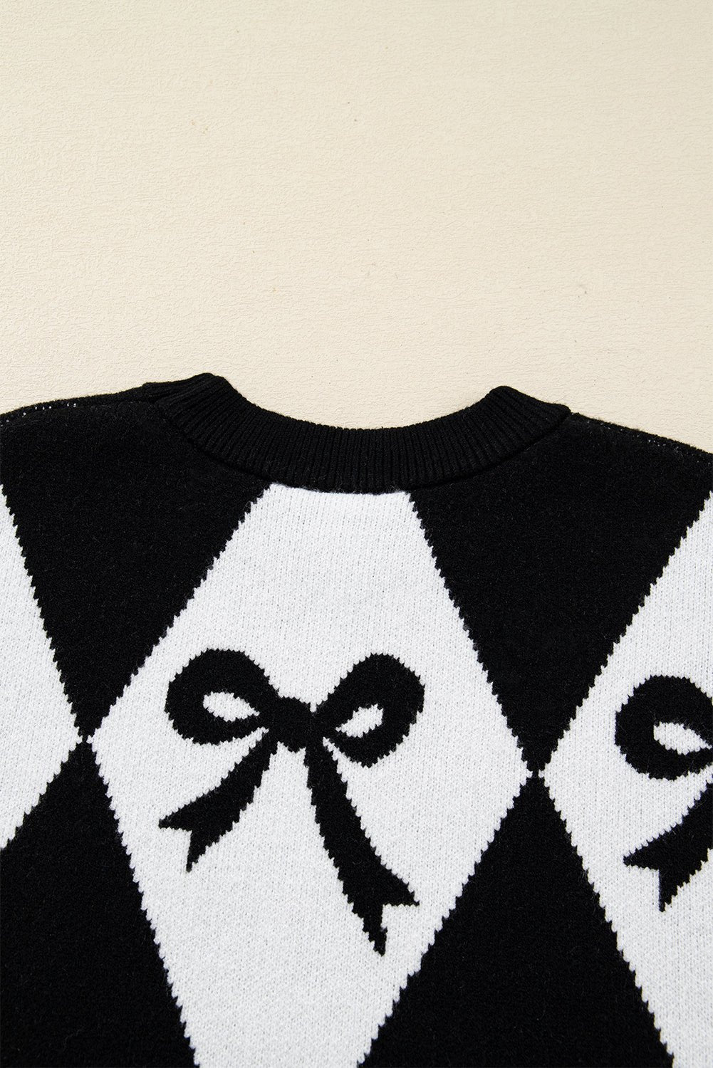 Black Bow Print 2 - tone Rhombus Knit Loose Sweater - Crowned Energy CO.