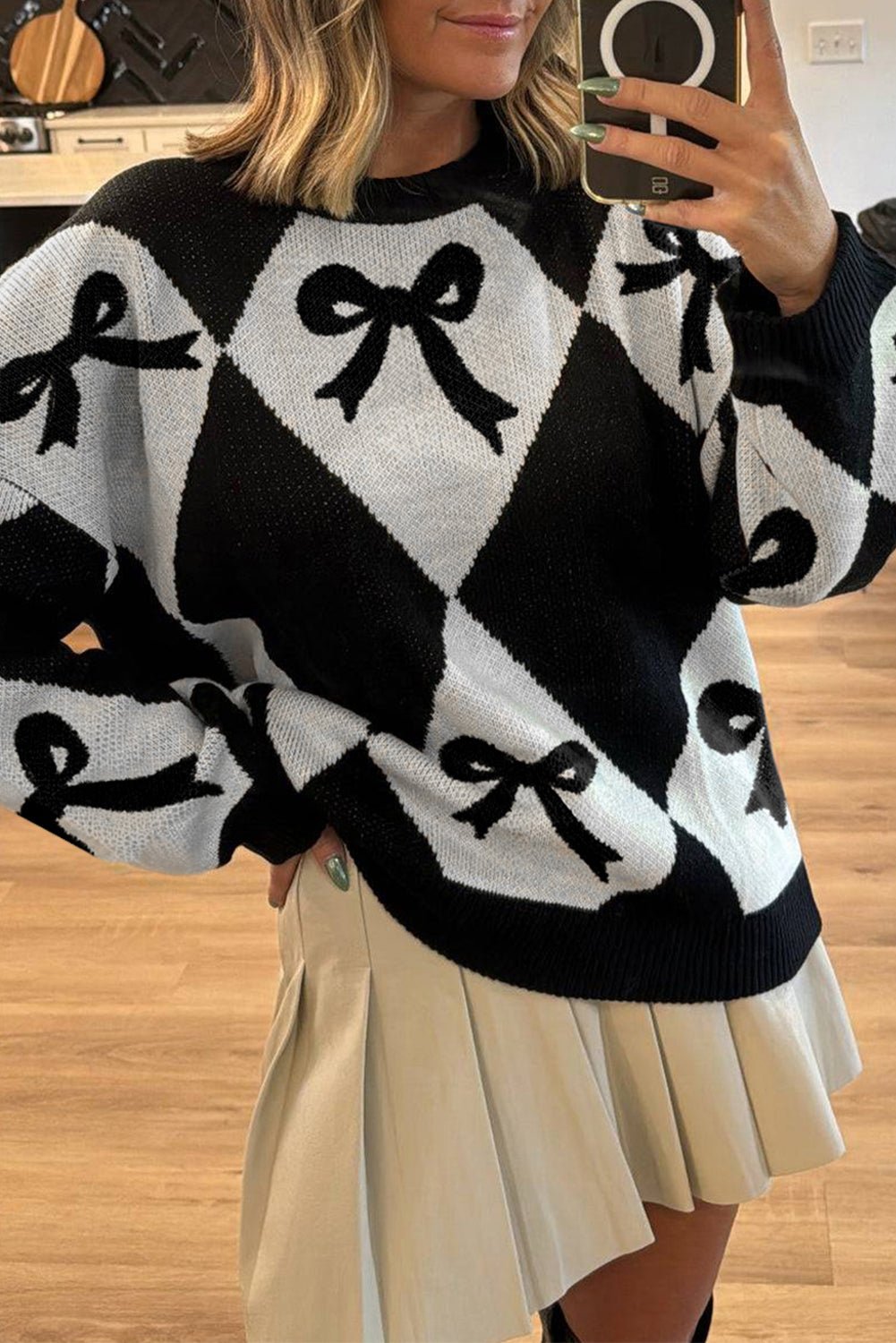 Black Bow Print 2 - tone Rhombus Knit Loose Sweater - Crowned Energy CO.