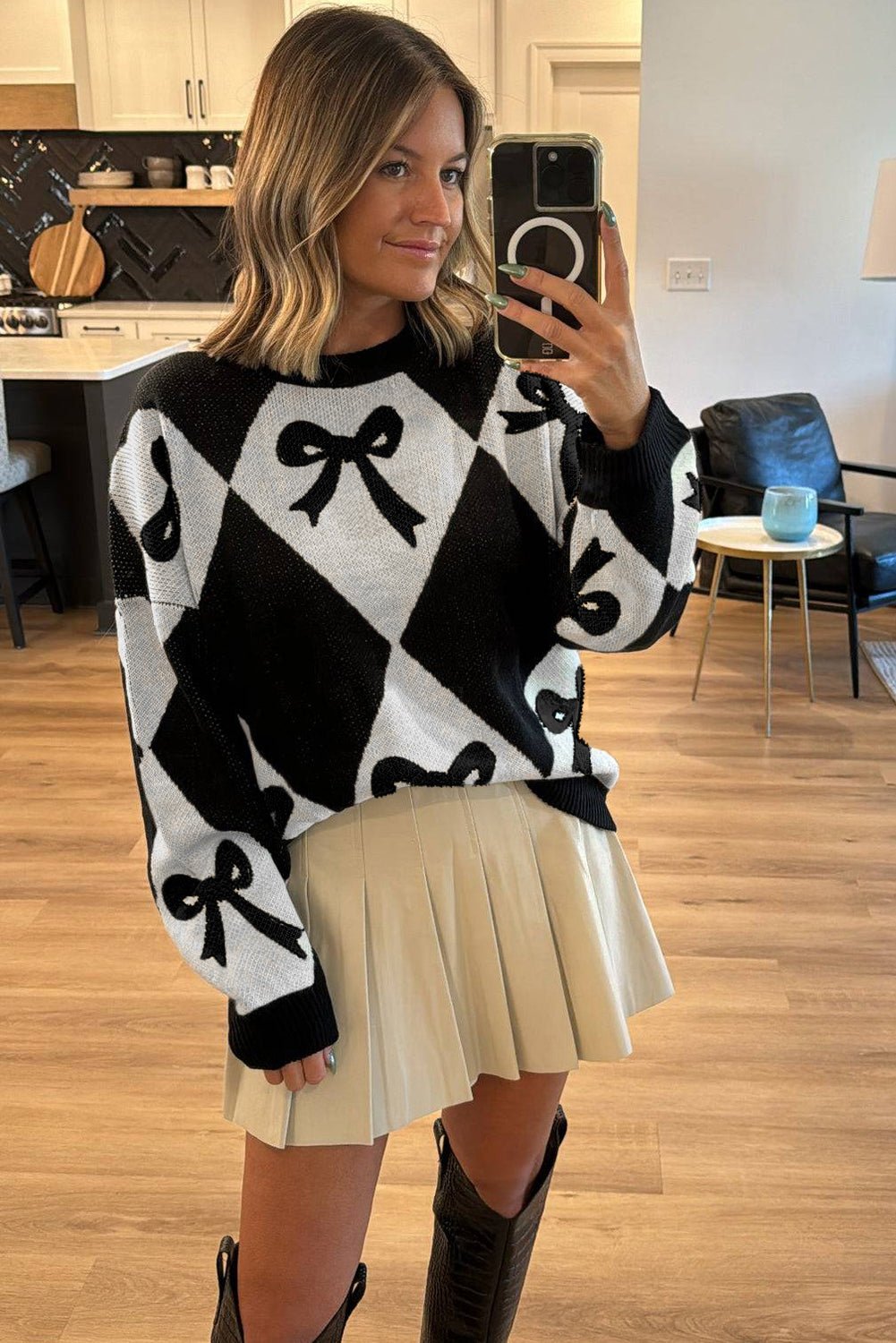 Black Bow Print 2 - tone Rhombus Knit Loose Sweater - Crowned Energy CO.