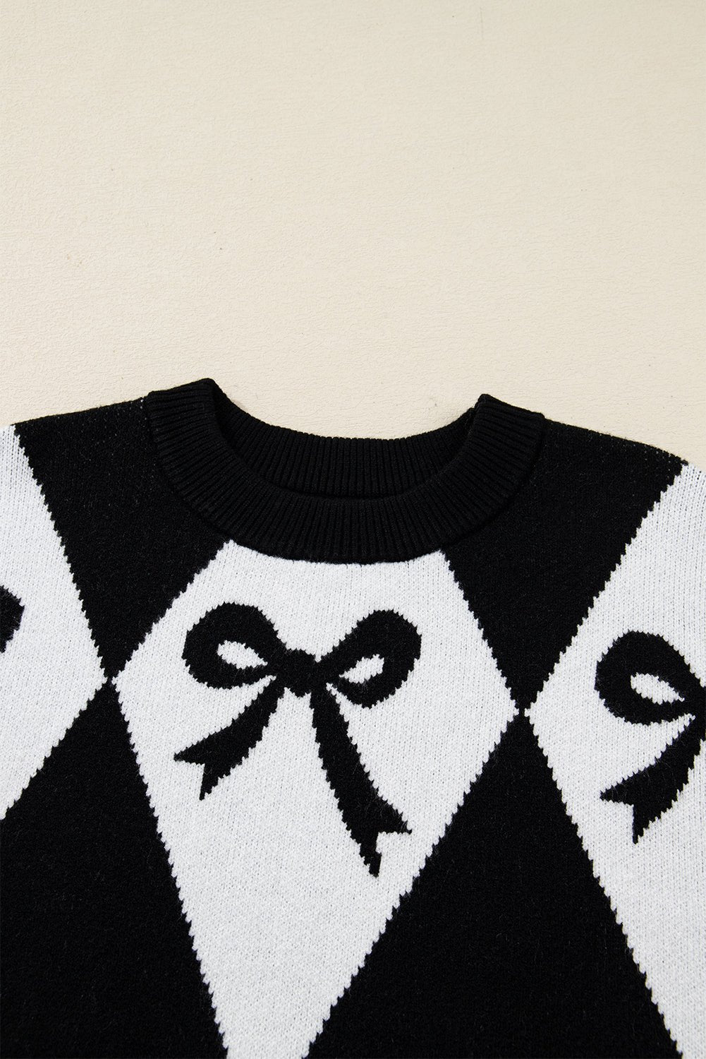 Black Bow Print 2 - tone Rhombus Knit Loose Sweater - Crowned Energy CO.
