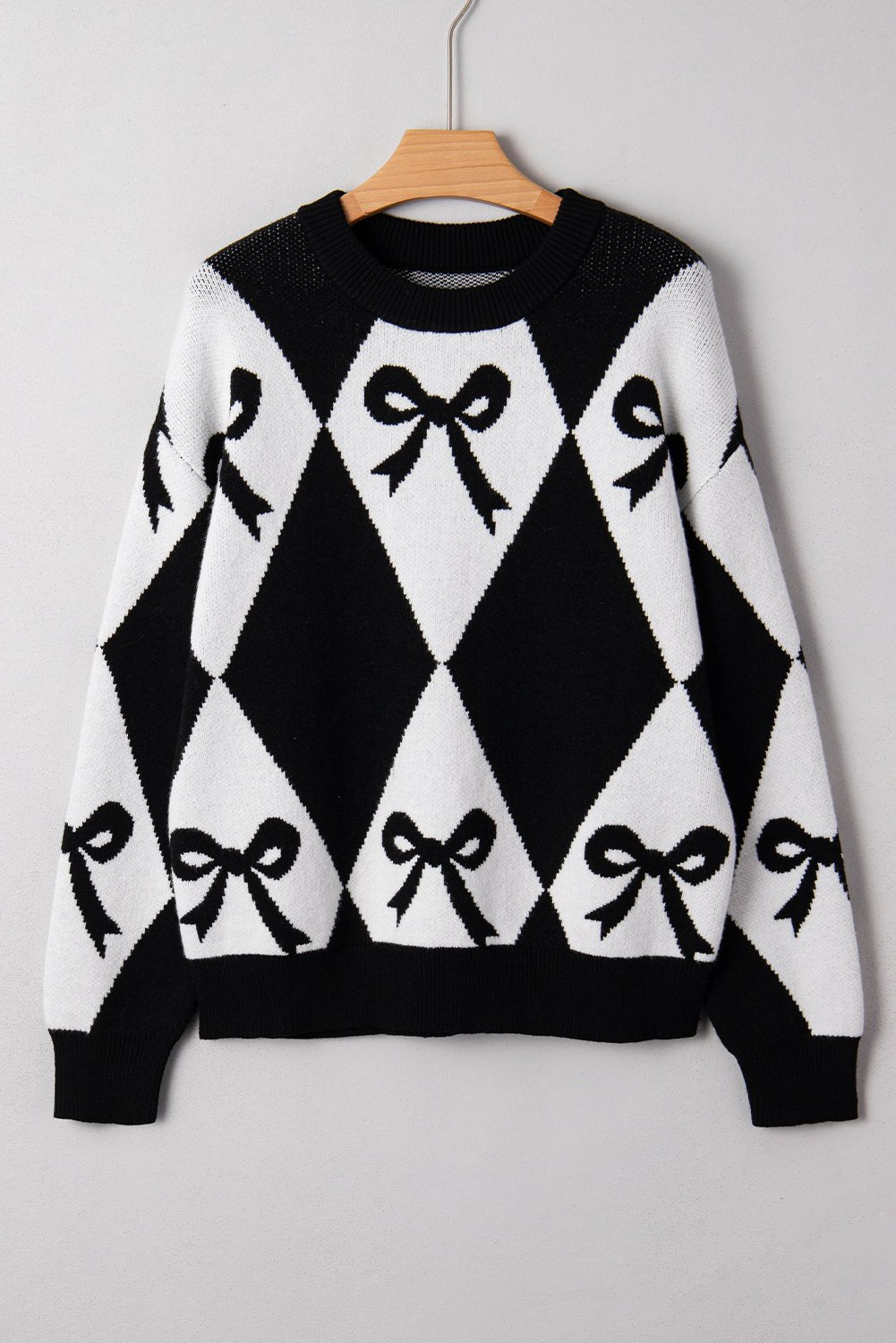 Black Bow Print 2 - tone Rhombus Knit Loose Sweater - Crowned Energy CO.