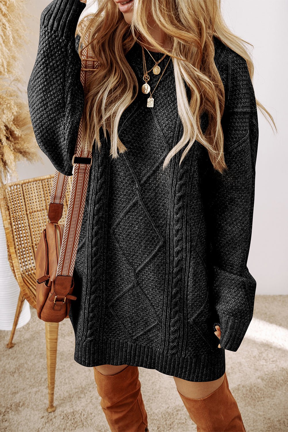 Crowned Energy CO. Black / S / 100%Polyester Dear-Lover Dropshipping Sweaters & Cardigans/Sweater Dresses Black Cable Knit Drop Shoulder Loose Fit Sweater Dress