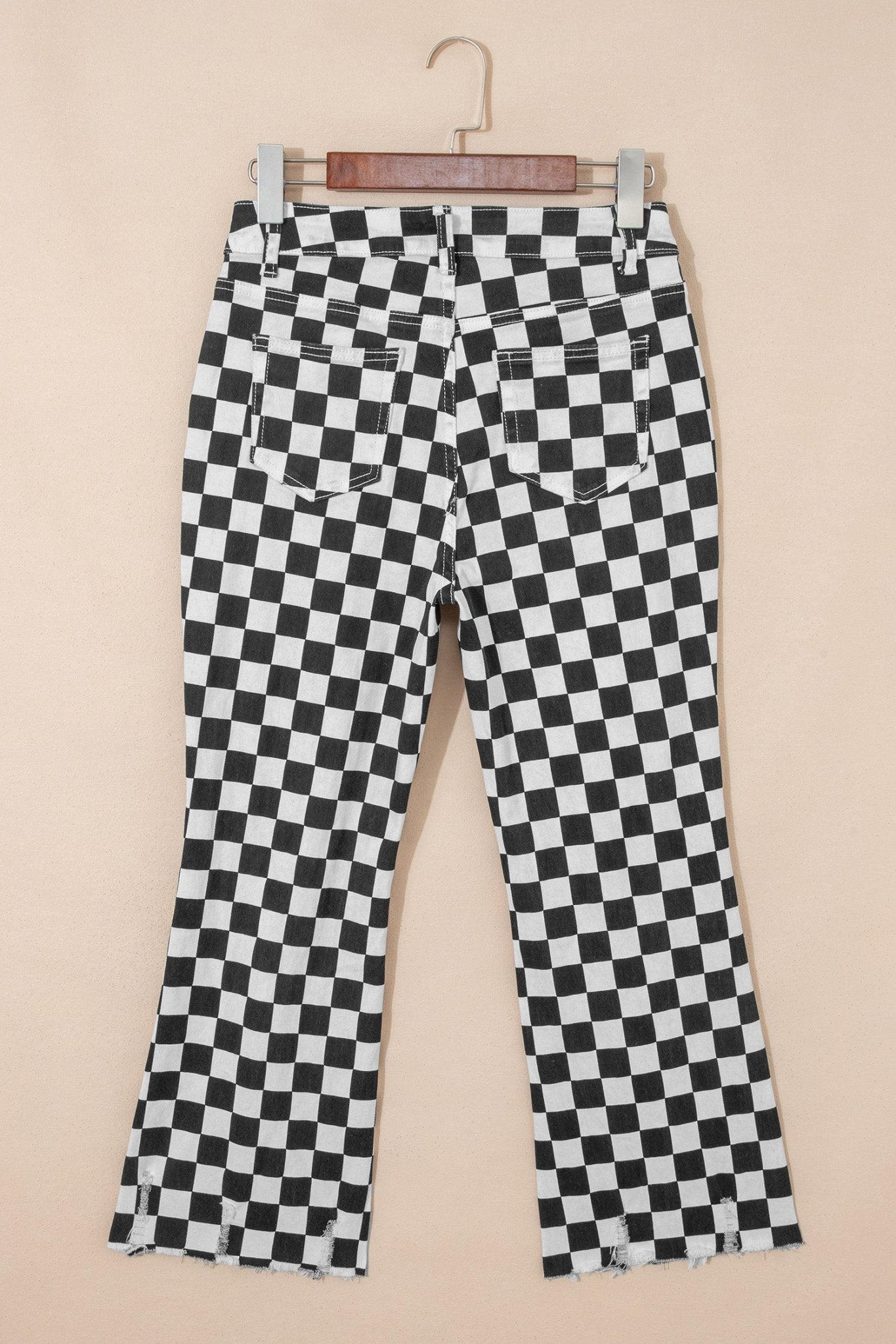 Black Checkerboard Print Distressed Holes Raw Edge Cropped Jeans - Crowned Energy CO.