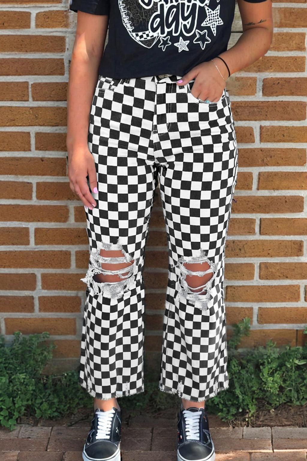 Black Checkerboard Print Distressed Holes Raw Edge Cropped Jeans - Crowned Energy CO.