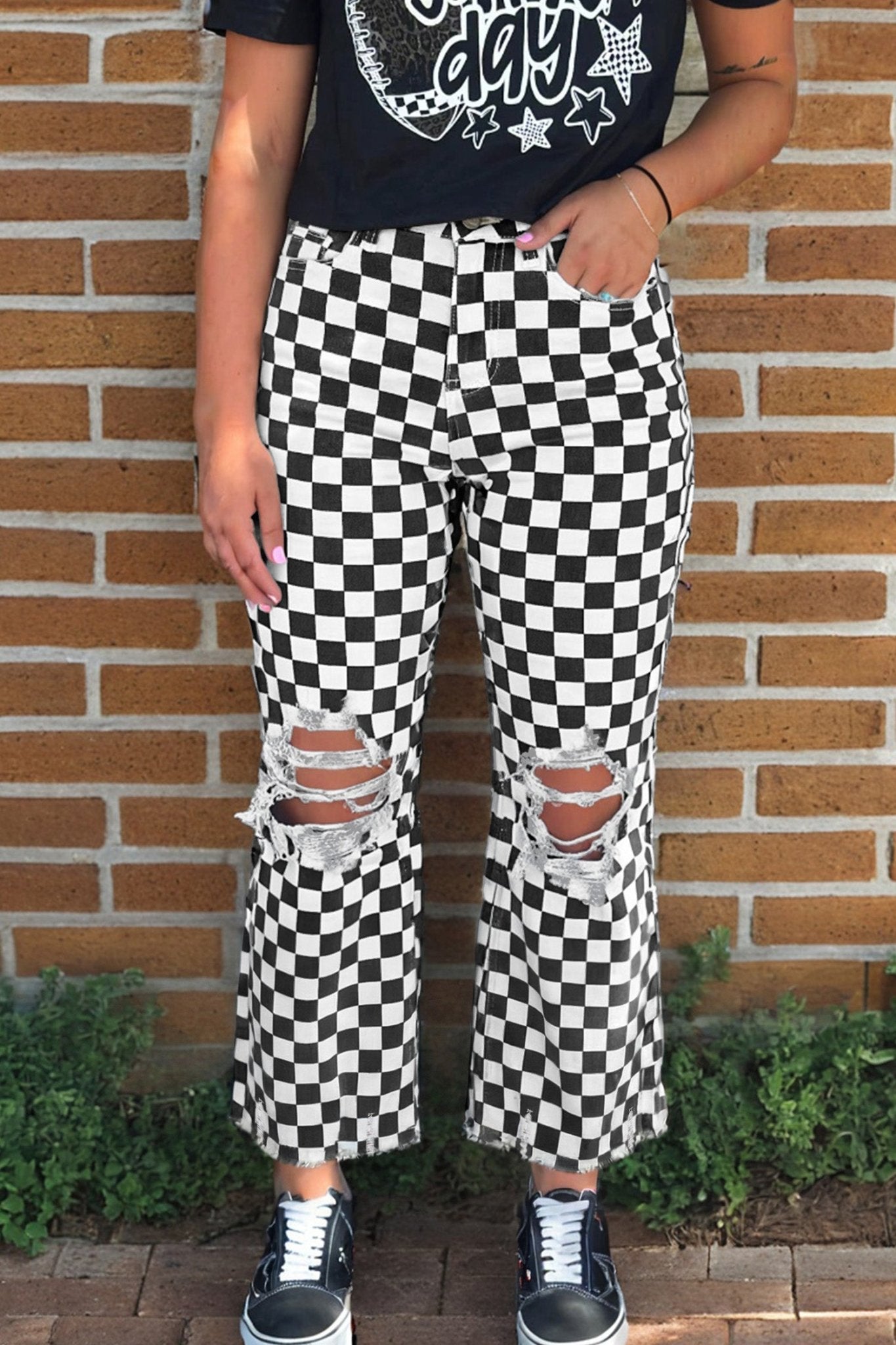 Black Checkerboard Print Distressed Holes Raw Edge Cropped Jeans - Crowned Energy CO.