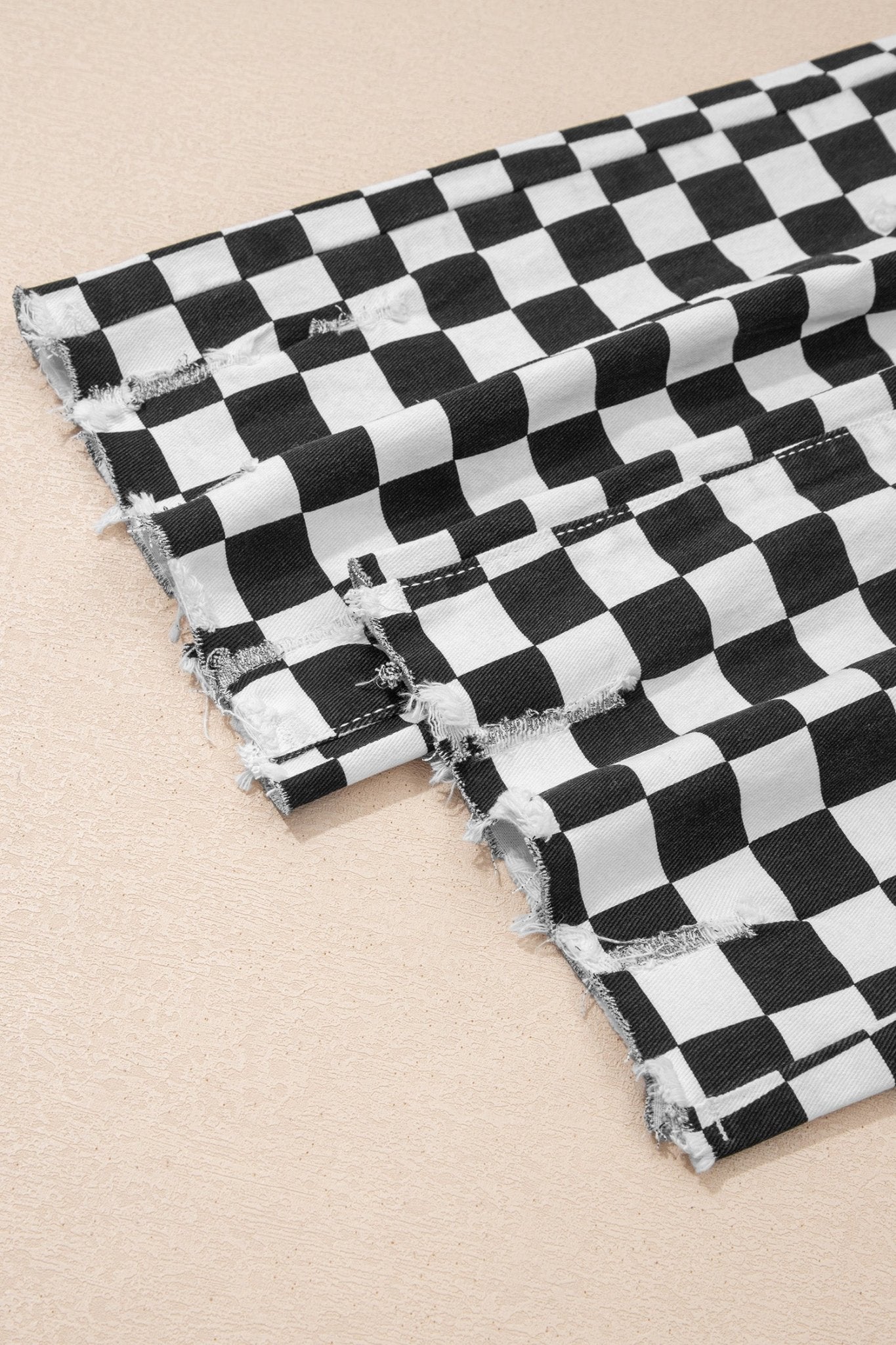 Black Checkerboard Print Distressed Holes Raw Edge Cropped Jeans - Crowned Energy CO.