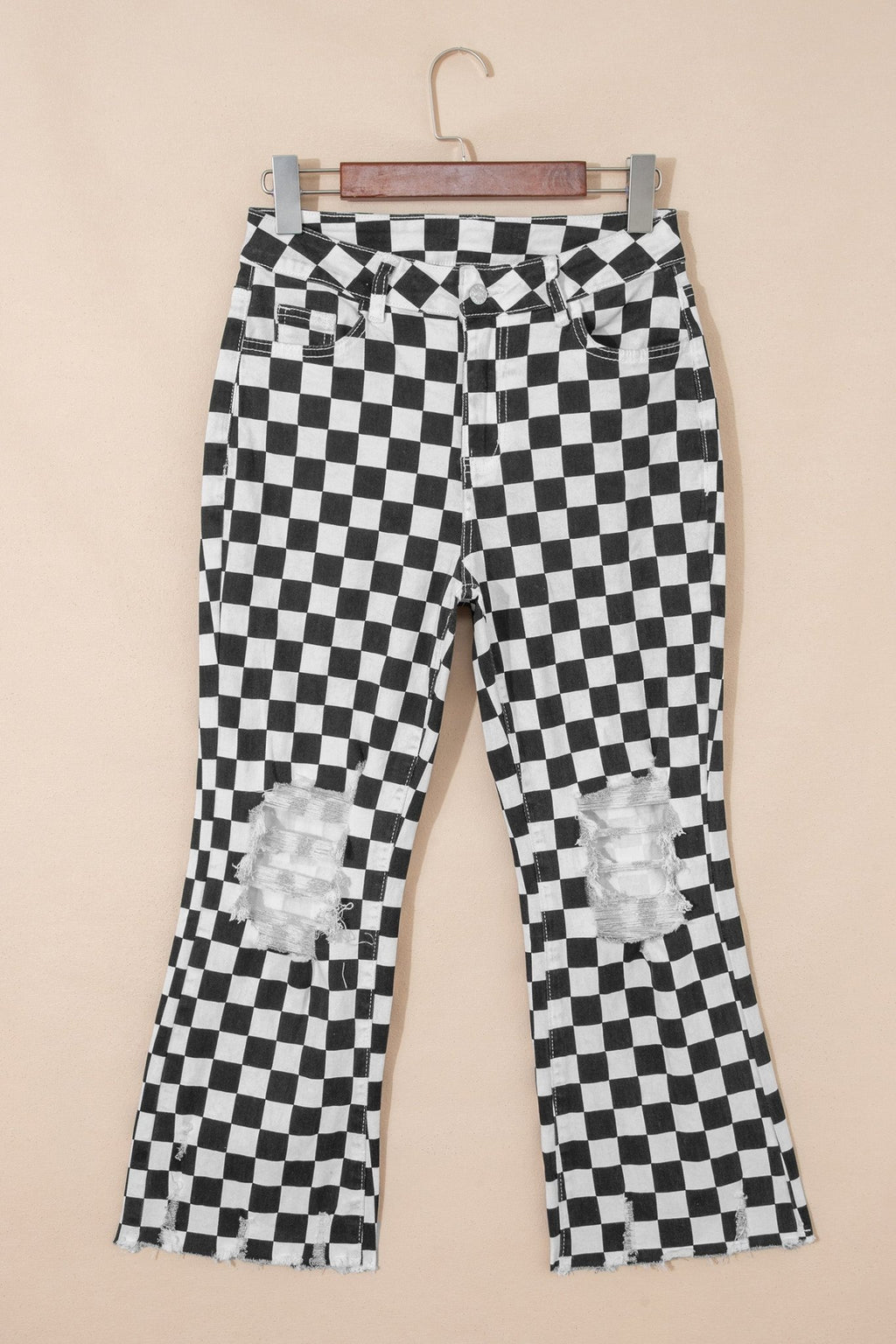 Black Checkerboard Print Distressed Holes Raw Edge Cropped Jeans - Crowned Energy CO.