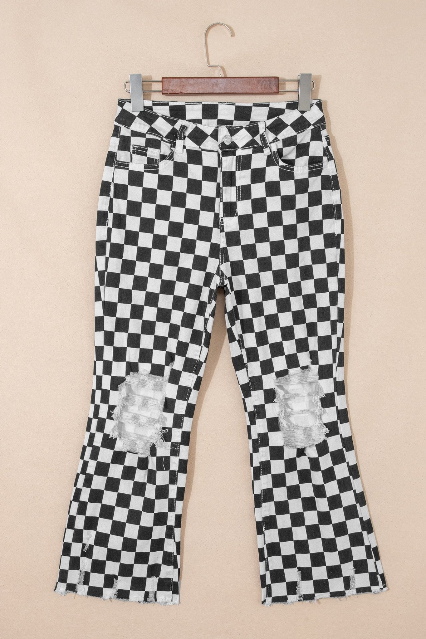 Black Checkerboard Print Distressed Holes Raw Edge Cropped Jeans - Crowned Energy CO.